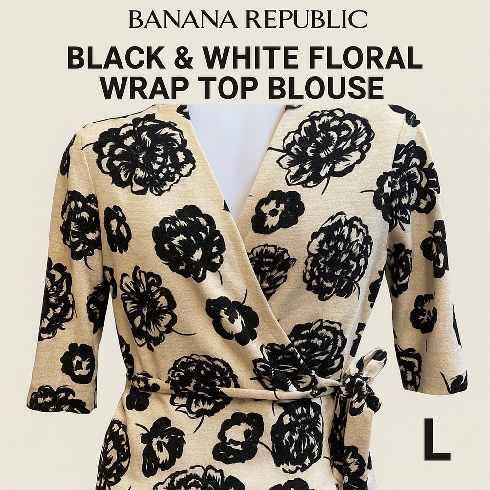 Banana Republic Black & White Floral Wrap Top Blouse L